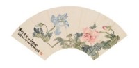 朱偁 1874年作  花卉 扇面镜心